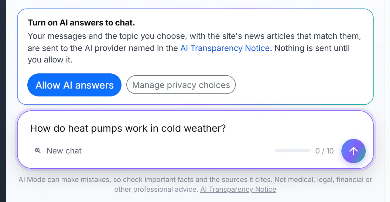 AI Mode asking permission: a message that AI answers are off, with the Allow AI answers and Manage privacy choices buttons above the message box
