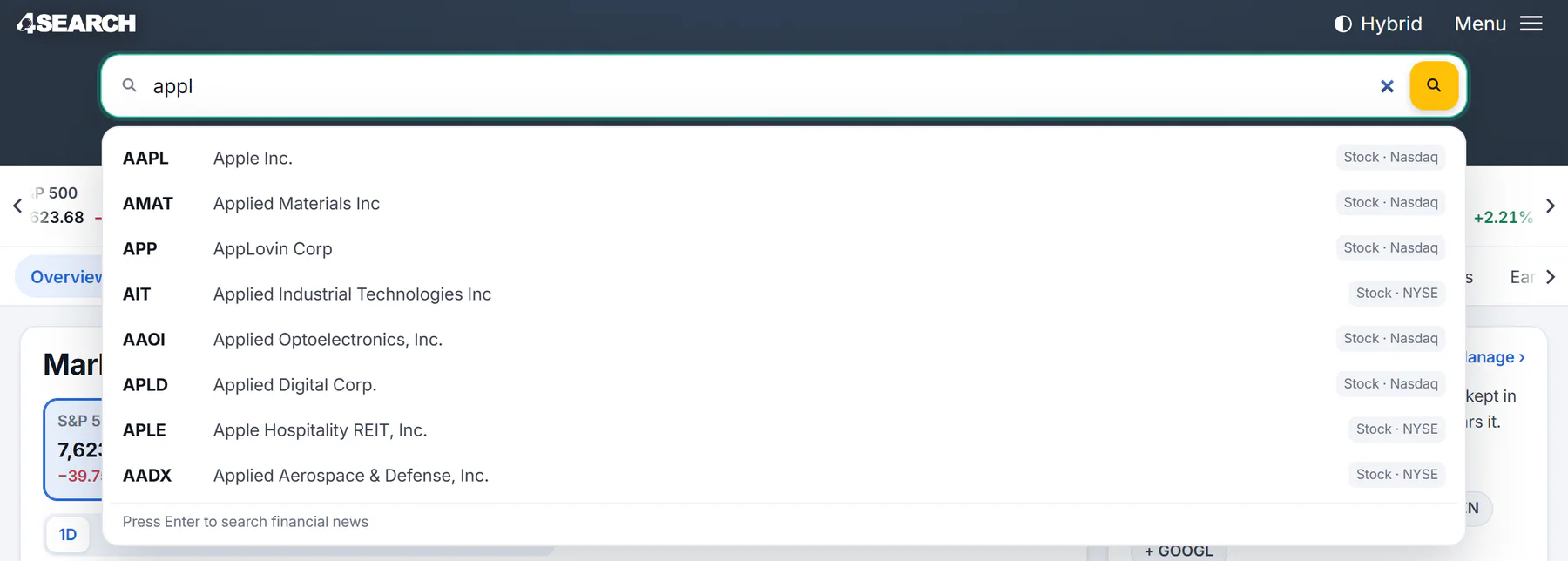 The Finance search box with the letters appl typed in and a list of matching instruments below it, each with its ticker, name and type