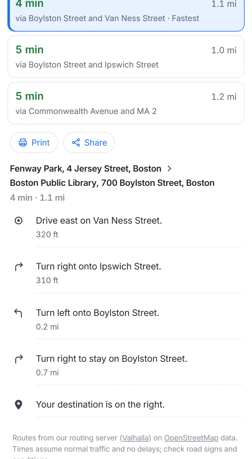 The list of turn-by-turn steps for a route, with Print and Share buttons above it and the distance of each step on the right