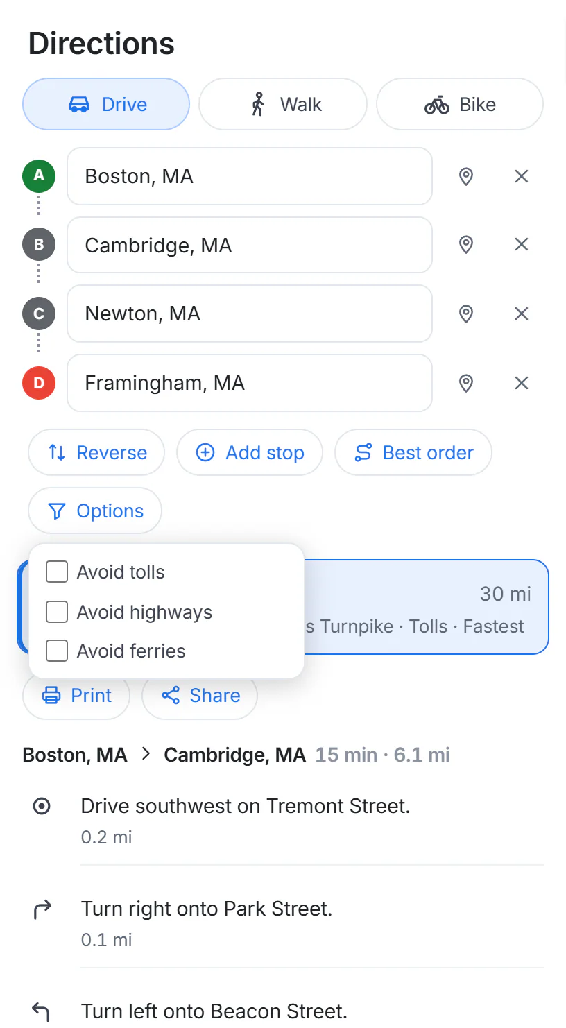 Directions with four stops, lettered A to D, an Add stop button, a Best order button that appears once there are four stops, and the Options list with Avoid tolls, Avoid highways and Avoid ferries