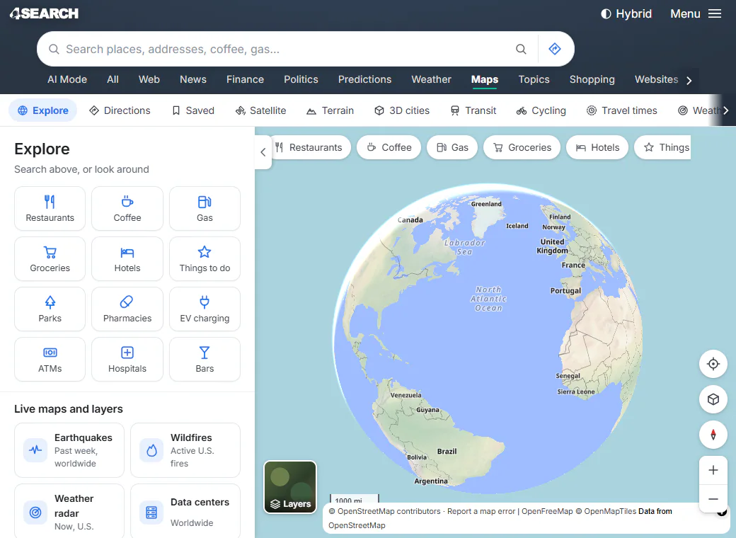 The Maps home page: a search box with a directions button, the ribbon of map types, the side panel with category buttons, and a map with its controls and Layers button