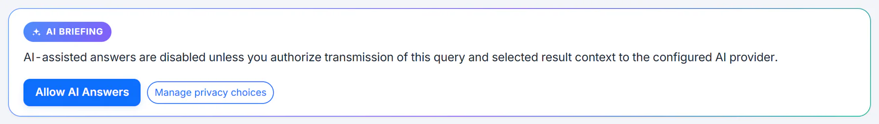 The AI Briefing box on a vote page before AI answers have been allowed: a message that AI answers are off until you authorize sending the page's context to the AI provider, with buttons Allow AI Answers and Manage privacy choices