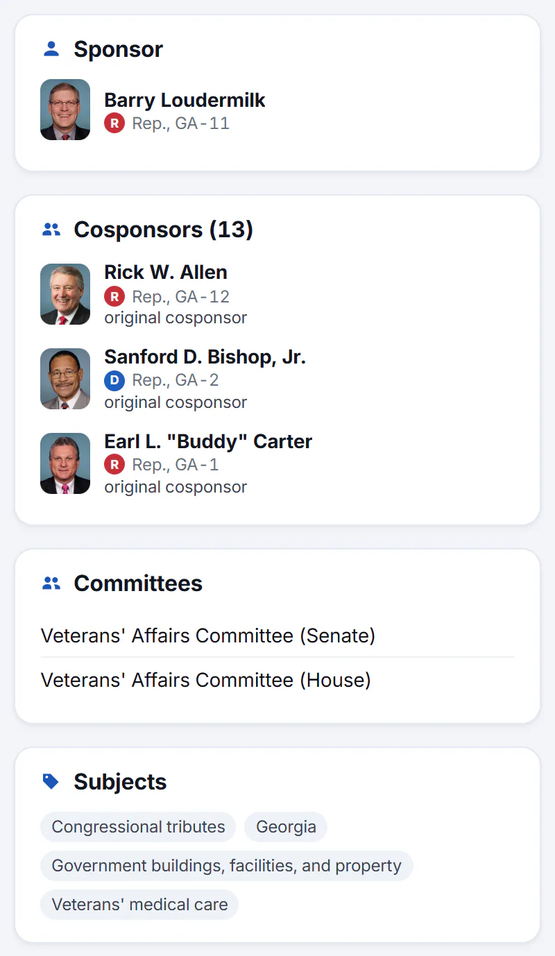 The side column of a bill's page: the sponsor, the cosponsors with the date each joined or a note that they were original cosponsors, the committees the bill was referred to, and subject tags