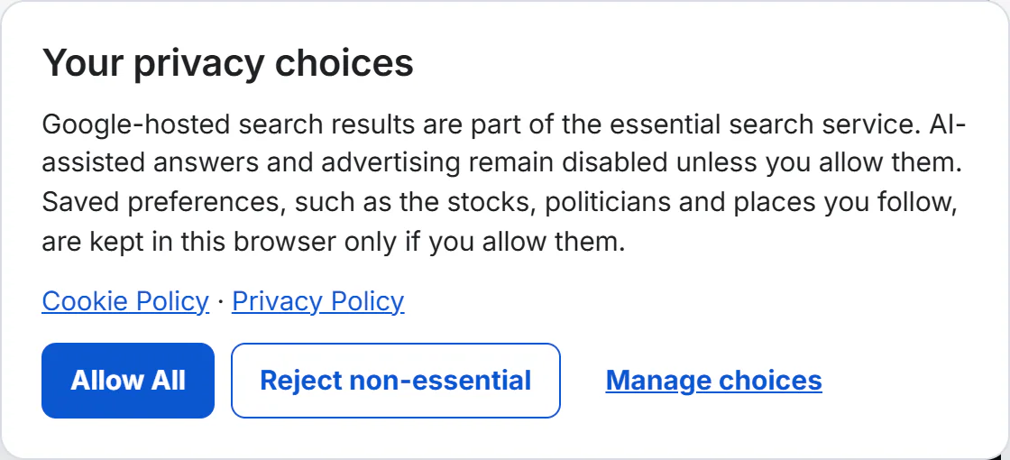 The privacy banner that appears on a first visit