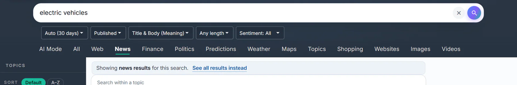 A search that opened on the News tab, with the line Showing news results for this search and the link See all results instead