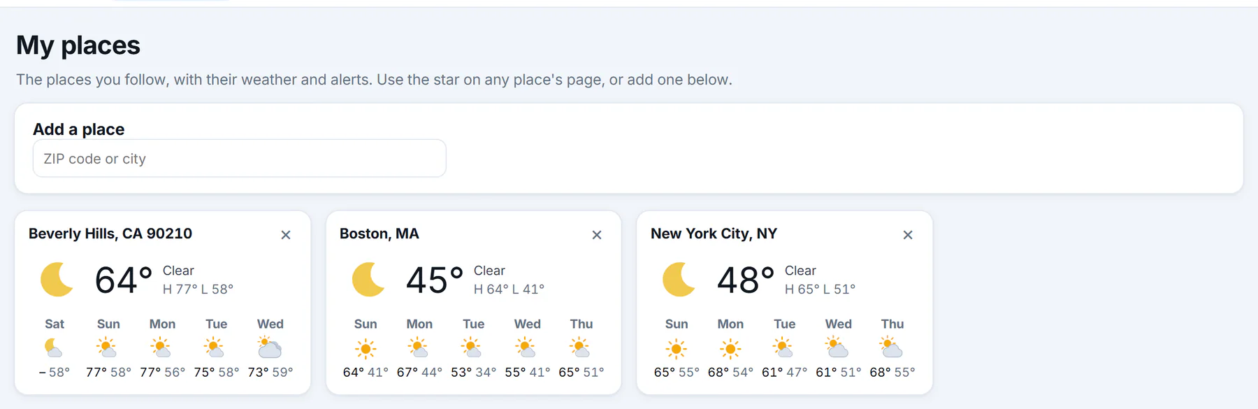 The My places page with three places followed: an Add a place box and then a card for each place with its conditions, high and low, and the next five days