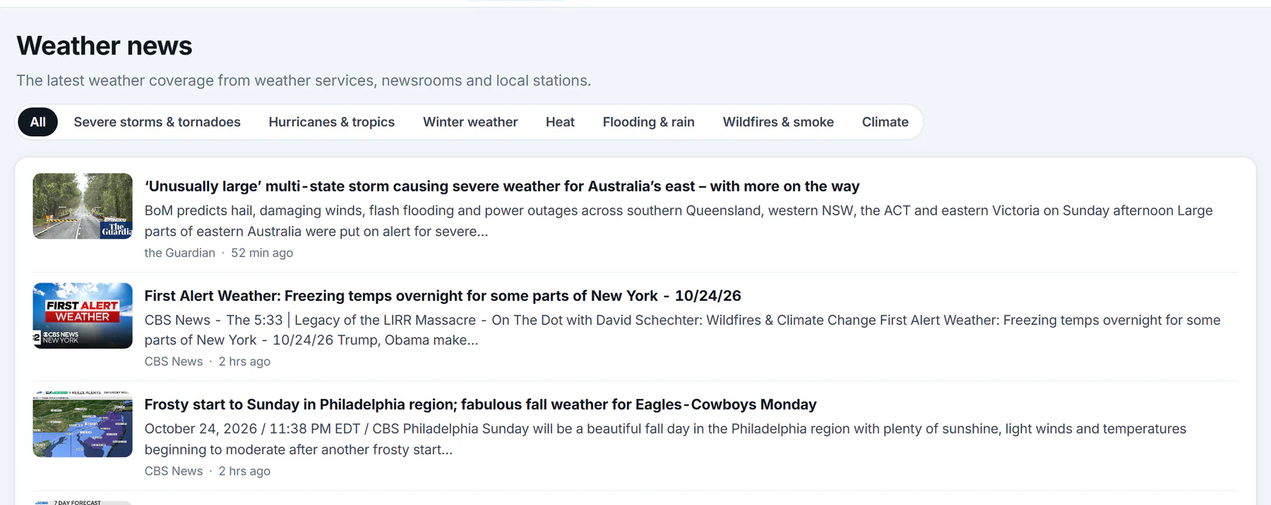 The Weather news page: a row of topic filters from All to Climate, then headlines each with a picture, a short snippet, the outlet and how long ago it was published