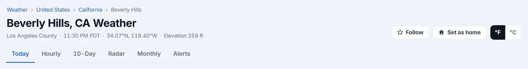 The top of a place's weather page: the path back to the United States and the state, the place name with its county, local time and coordinates, the Follow, Set as home and degrees buttons, and the tabs Today, Hourly, 10-Day, Radar, Monthly and Alerts